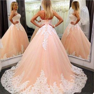 Pink Wedding Dress for Women 2022 Brud Sweetheart Halsring Bollklänning Spets Applique Bridal Dress Quinceanera klänningar med långt tåg 237G