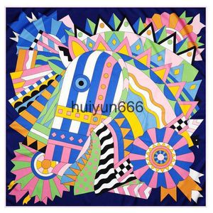 Designer Scarves Manual Hand Rolled Twill Silk Scarf Women Geometric Stitching Horse Head Print Square Scarves Echarpes Foulards Femme Wrap Bandana 90CM*90CM