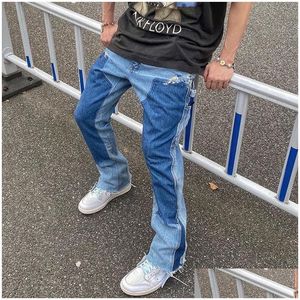 Jeans masculinos cor de rua alta emendada de tamanho grande perna larga calça de jea