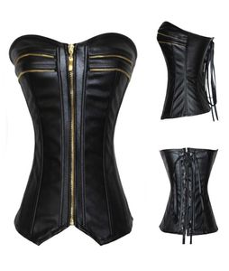 Steampunk sexig svart faux läder överbust grimma korsett topp midja korsett burlesk dräkt push up corsets7643784