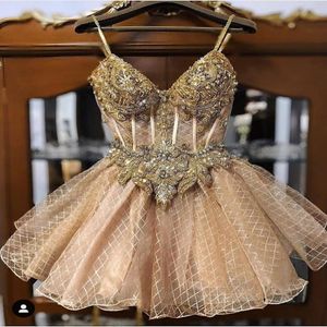 champagne beaded crystals homecoming dresses spaghetti aline lace graduation dresses short sexy cocktail party gowns 295z