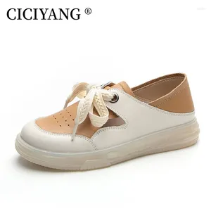Sapatos casuais ciciyang feminino apartamentos ocos de couro genuíno de couro 2024 cidadã de primavera de laço de sapatos brancos ladras macias