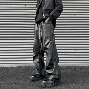 Men's Pants Mens Autumn American Y2k Pleated Pu Leather Pants New Basic Casual Loose Comfortable Bicycle Fashion Street Mens Wide Leg PantsL2405