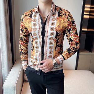 男性用レトロプリント長袖シャツ贅沢なゴールドバロックコートシャツソーシャルクラブ衣装トレンドシャツ男性Camiseta Masculina 240506