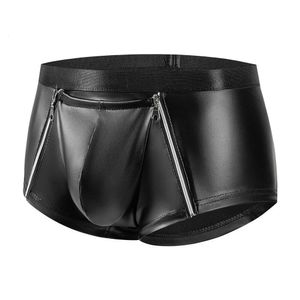 Sexy Men's Soft Matte Leather Boxer Shorts Stage U Convex Pouch Double Zipper Underpants Crotchless Brief Men Slim Cut Underwear Catsuit Costumes