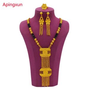Apingxun Style Dubai 24K Gold Color Black Stone Halsbandörhängen Ring Set African Arab Women Bridal Wedding Jewelry 240506