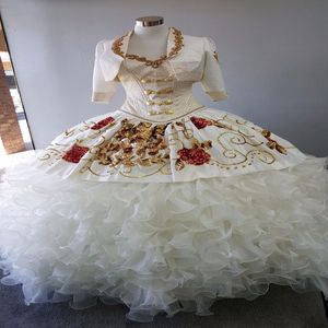 2017 Nowe satynowe suknie z organza balami haftowe sukienki Quinceanera z kurtką koraliki słodkie 16 sukienek 15 lat suknie balowe qs1002 217f