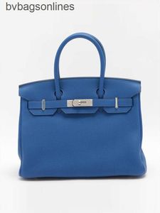 Hremms vintage Real Logo Designer Bags AAA QUALITY Women Brand Bags Birkks Birkks 30 in pelle Out Stampa Royal Blue Silver Button Brand Borse Borse