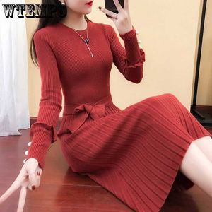 Basic Casual Dresses WTEMPO Korean Fashion Ultra Thin Neckline Sweater Womens Elegant Belt Long Sleeve Folded Knitted Long DressL2405