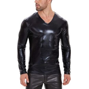 7XL Plus Size Mens Shiny Patent Shirts High Elastic Long Sleeve Soft Leather V-neck Tees Male Casual Streetwear T-shirts Catsuit Costumes