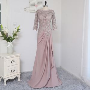 2018 Waishidress Pink Chiffon أم الزفاف العروس فساتين طويلة الأكمام الدانتيل الأم لفساتين العريس غمد المساء 298K