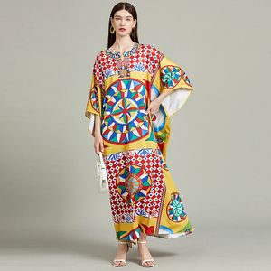 Verão Bohomian Maxi Dress Runway Womens O-Gobes Batwing Sleeve Vintage Colorblock Print Robes Longo Boho vestidos 240423