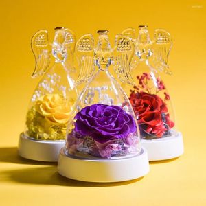 Flores decorativas do Dia das Mães LED LED Lighted Angel Preservado Roses Music Box Forever Eternal Rose in Glass Cover Gifts para Valentine Gifts for