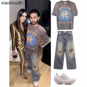 RHUDE High End Designer T-shirts para Summer New Fold Print Print Trendy Short com rótulos originais 1: 1