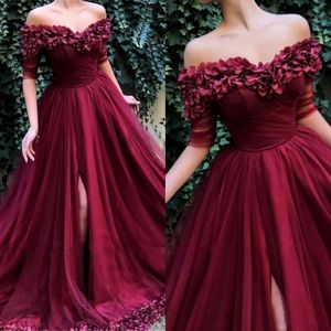 2020 New Sexy Prom Dresses Burgundy Hand Made Flowers 1 2 Sleeve Backless Tulle Plus Size Split Sweep Train Party Dress Evening Gowns 2962