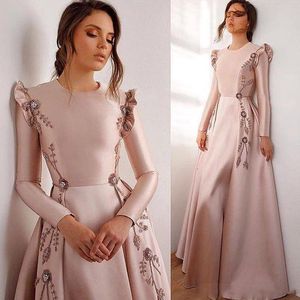 Modest Long Sleeves Satin A Line Evening Dresses Ruffles Lace Applique Beaded A Line Prom Dresses Plus Size Gowns 265F