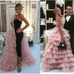 2019 New Fashion Jumpsuits Prom Dresses With Overskirt One Side Layered Tulle Skirt Celebrity Evening Gowns Women Formal Wear Party Dre 285g