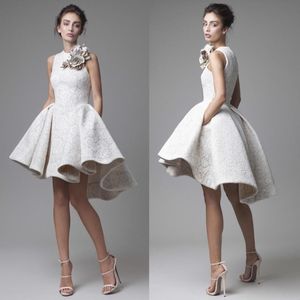 2020 Neues Spitzen-Hochzeitskleid Krikor Jabotian Jewel Ärmel und hohe niedrige Hochzeitskleider Kurzes A-Line-Strand-Brautkleider mit Blume 1642 202s