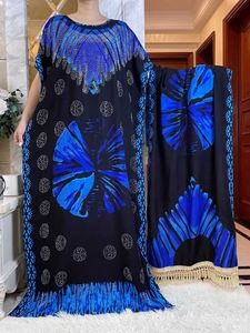 Этническая одежда 2023 Хорошее летнее платье Slve Slve с большим шарфом Дубай мусульманский бриллиант Абая Дасики Модная хлопчатобумажная ткань Ислам платье T240510