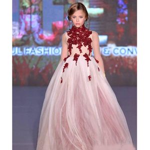 Lace High Neck Little Girls Pageant Dresses Appliques Toddler Ball Gown Flower Girl Dress Floor Length Tulle Beaded First Communion Gow 224g