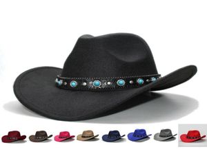 Szerokie brzegowe czapki retro kobiety mężczyzn 100 wełny kowboj Western Cowgirl Hat Fedora Cap Turquoise Bead Vintage Skórzany zespół 57CMADJ2309086