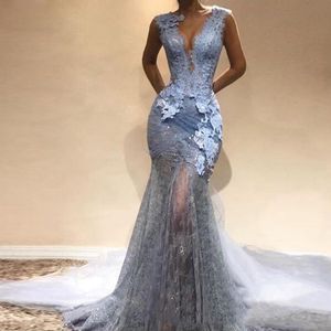 Abendkleider 2020 Dusty Blue Lace Long Mermaid Promドレス