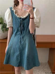 Party Dresses Denim Woman Casual Cute Sweet Korea Chic Style Girls Retro Vintage Cotton Jeans Blue Ruffles Bow Tie Dress