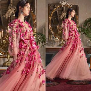 Marchesa Prom Dresses With 3D Floral Flowers Long Sleeves V Neckline Custom Made Evening Gowns Party Dress Floor Length Tulle 3380