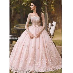 Prom Dresses Ball Gown Lace Appliqued Pink Long Sleeve Bow Sheer Neck 2018 Vintage Sweet 16 Girls Debutantes Quinceanera Dress Evening 265n