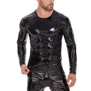 S-7XL Plus B lśniące koszulki boczne zamek błyskawiczny długie rękaw mokry pvc skórzane topy mężczyźni kształtowanie mody koszule catsuit kostiumy