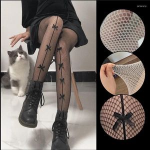 Women Socks 2024 Sexy Black Mesh Hollowed Lace Bow Stockings Sweet Lolita Pantyhose Slim Fishnet Tights