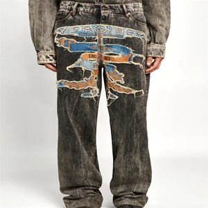 Lapptäckbroderi byxor jeans män kvinnor tungt tyg unisex tvättade joggar byxor