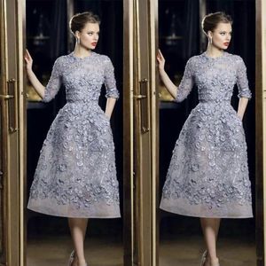 Sexig formell fest Celebrity Dress Anpassad Elie Saab Evening Dresses Elegant Lace Applique A-Line Prom Gowns 3 4 Long Sleeve Tea Leng 200a