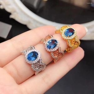 Cluster Rings Vintage 925 Silver London Blue Topaz Jewelry 6mm 8mm 1Ct Natural Ring 18K Gold Plating Inpartable Gemstone