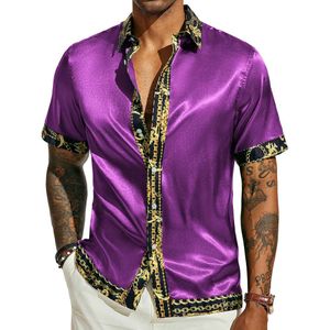 PAUL men's fashion Button Up Casual Elastic Satin Silk Hawaiian Shirt Beach flower shirts man