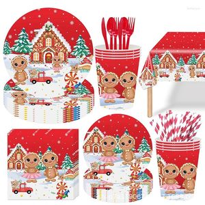 Einweg -Geschirr Weihnacht Tabellengeschirr Set Castlery Gingerbread Print -Papierplatten Cups Servietten für Partyzubehör