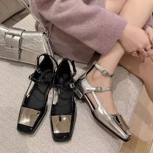 Silver Retro Roman Women's Shoes Show White Mary Jane Baotou Sandals Women's Summer Flat Heels Metal Buckle Shallow Mouth Square Head Single Shoes