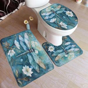 Badmattor Floral Dragonfly Mat Set White Flower Plant Watercolor Art Blue Home Carpet Dörrat Badrum Dekor Bolvmattor Toalettskydd