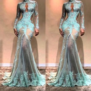 Hohe Nacken Luxus Voller Spitzenperlen Meerjungfrau Abendkleider Dubai durch Illusion High Split Formal Prom Cutaway Side Celebrity Gown 184r