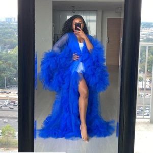 Blue Illusion Ruffles tule manga longa mulher inverno quimono parque gestante foice sono sleep women robe de banho pura camisola