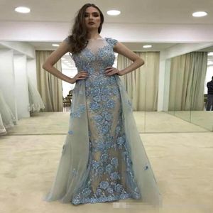 2021 Custom Made Blue Evening Dresses Sheer Neck Lace Applique Beaded Overskirts Tulle Cap Sleeves Plus Size Long Prom Party Gowns 213M