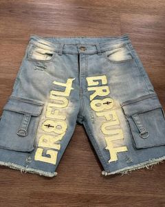Patchwork High-end Multi-pocket Denim Shorts for Men Cotton Loose Retro Distressed Shorts Mens Streetwear Sport Pants 240511