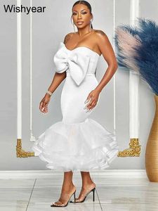 Urban Sexy Dresses Year Elegant Big Bow Organza Mermaid Prom White Tops och Midi Dress Set For Women Evening Birthday Cocktail Party Outfits T240510