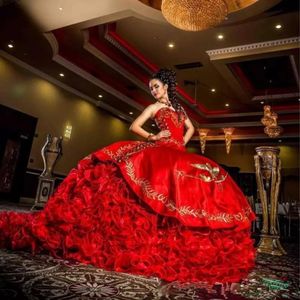 Sweetheart Red Embroidery Ball Gown Quinceanera Dresses Satin Lace Up Floor Length Vestido De Festa vestidos de quincea era Sweet 16 Dr 250F