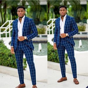 Customise 2 Pcs Mens Wedding Tuxedos Damier Check Gentle Groom Wear Slim Fit Groomsmen Jacket Pants Best Man Blazer 2554