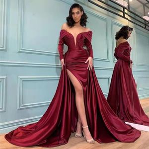 Sexy Simple Plus Size Mermaid Evening Dresses Off Shoulder Ruched Pleats High Side Split Court Train Formal Prom Party Wear Custom Made 2521