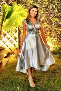 Mother's Dresses High Low A Line Mother of the Bride Dresses with Applique Lace Capped V Neck Wedding Guest Dress Short Prom Gowns