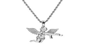 Hip Hop Zircon Gold Silver Cute Angel Angel Baby Carry Gun Colar Pingente Chain de corda inoxidável para homens Mulheres728165