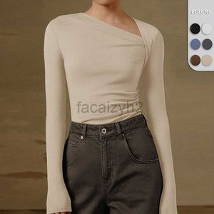 Women's T Shirt sexy Tees 2024 Slim fit sexy top with slanted collar, long sleeves, slimming effect, solid color lining, elegant light mature tops