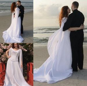 Retro Celtic Wedding Dresses with Long Sleeves Angel Wings Flowing Chiffon Sweep Train Laceup Beach Bridal Gowns Modest Sheath We5573600